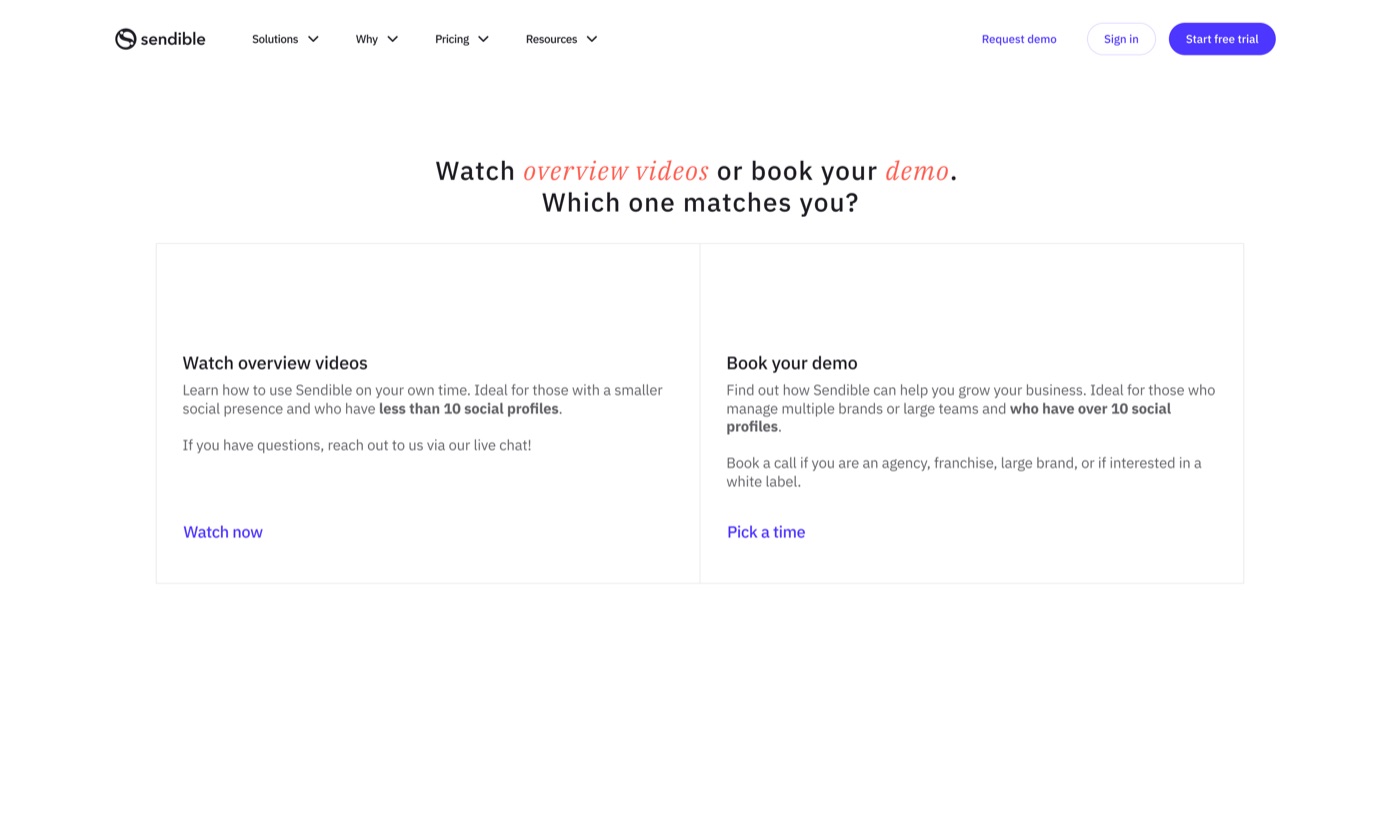 The control demo page, a plain two-column choice between watching overview videos and booking a demo.