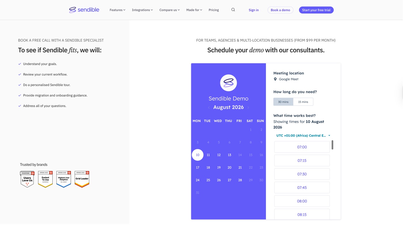 The current demo page, the left column headed 'To see if Sendible fits, we will' listing what happens on the call: understand your goals, review your workflow, a personalised tour, migration and onboarding guidance, and answers to your questions, beside the booking calendar.