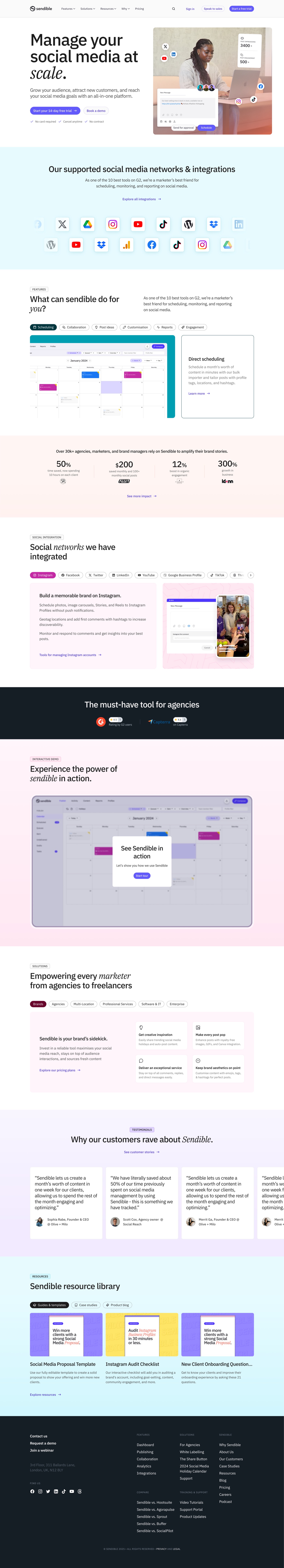 The Sendible homepage in Q1 2025, the interactive demo relocated mid-page and the networks module moved to the second section, shown top to bottom.