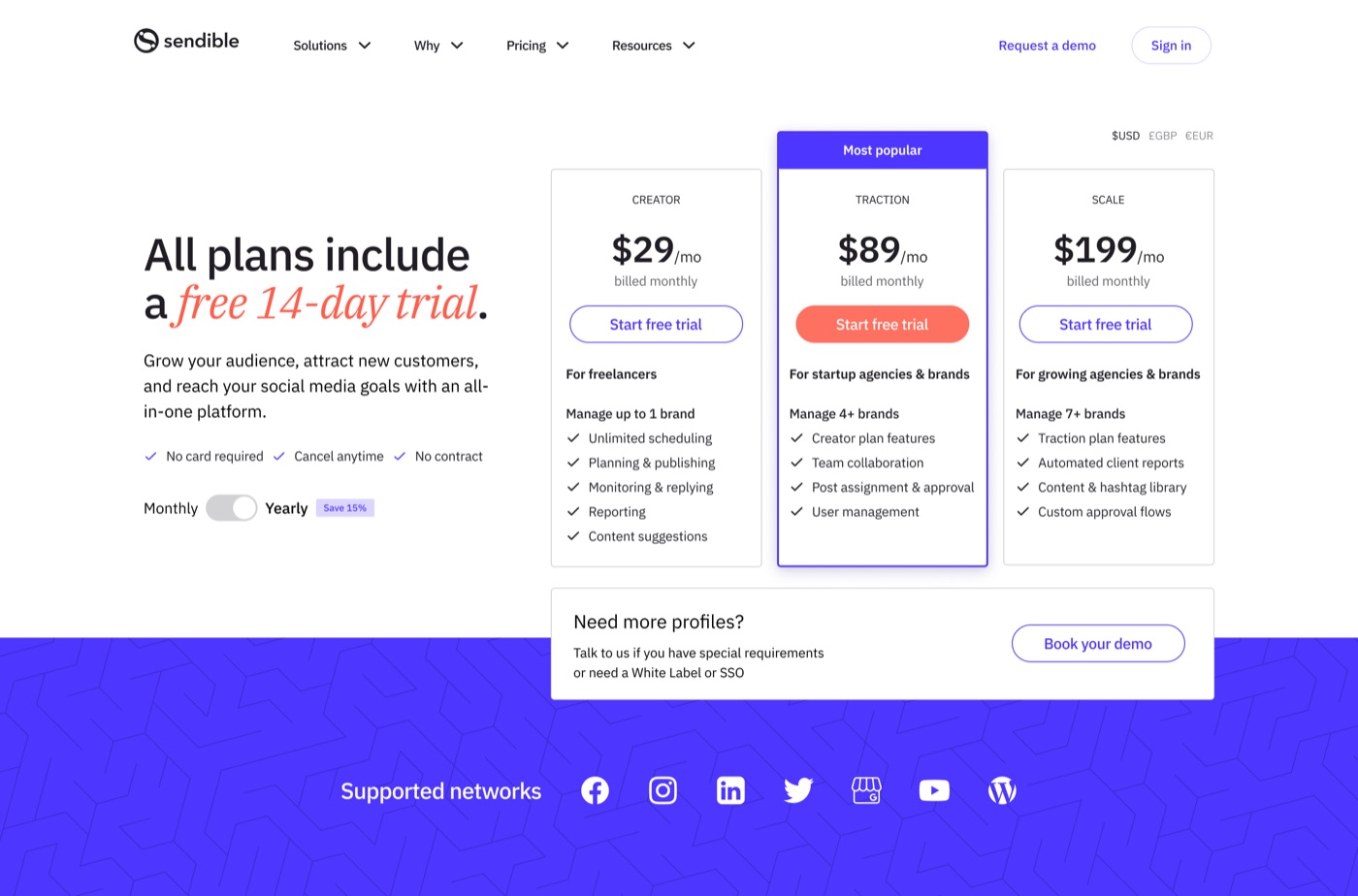 The Sendible pricing page, December 2022, after the plan-presentation restructure.