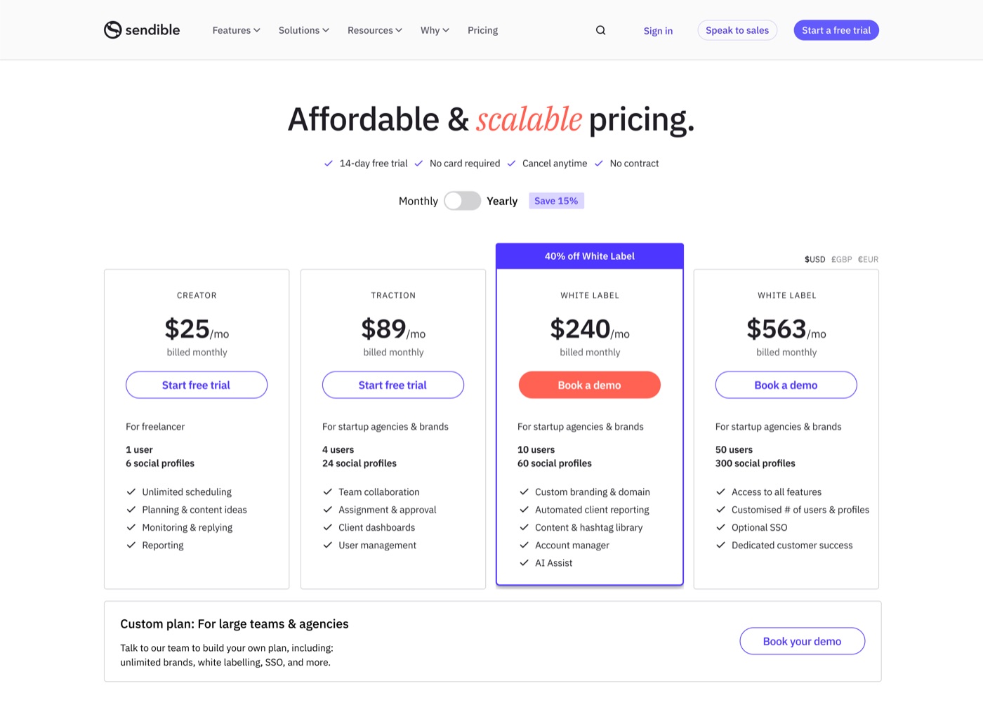 The Sendible pricing page, November 2023: Creator and Traction plans alongside two White Label tiers at $240 and $563, the first carrying a '40% off White Label' banner.