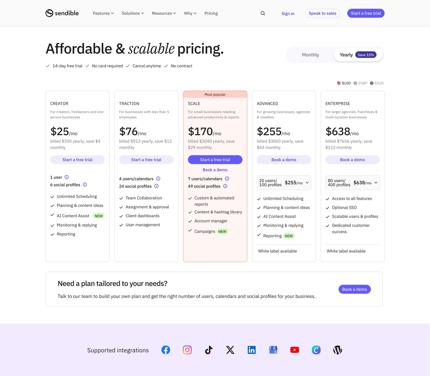 The Sendible pricing page, July 2024: five tiers from Creator to Enterprise, Scale flagged 'Most popular', with white label offered as an add-on on the higher plans.
