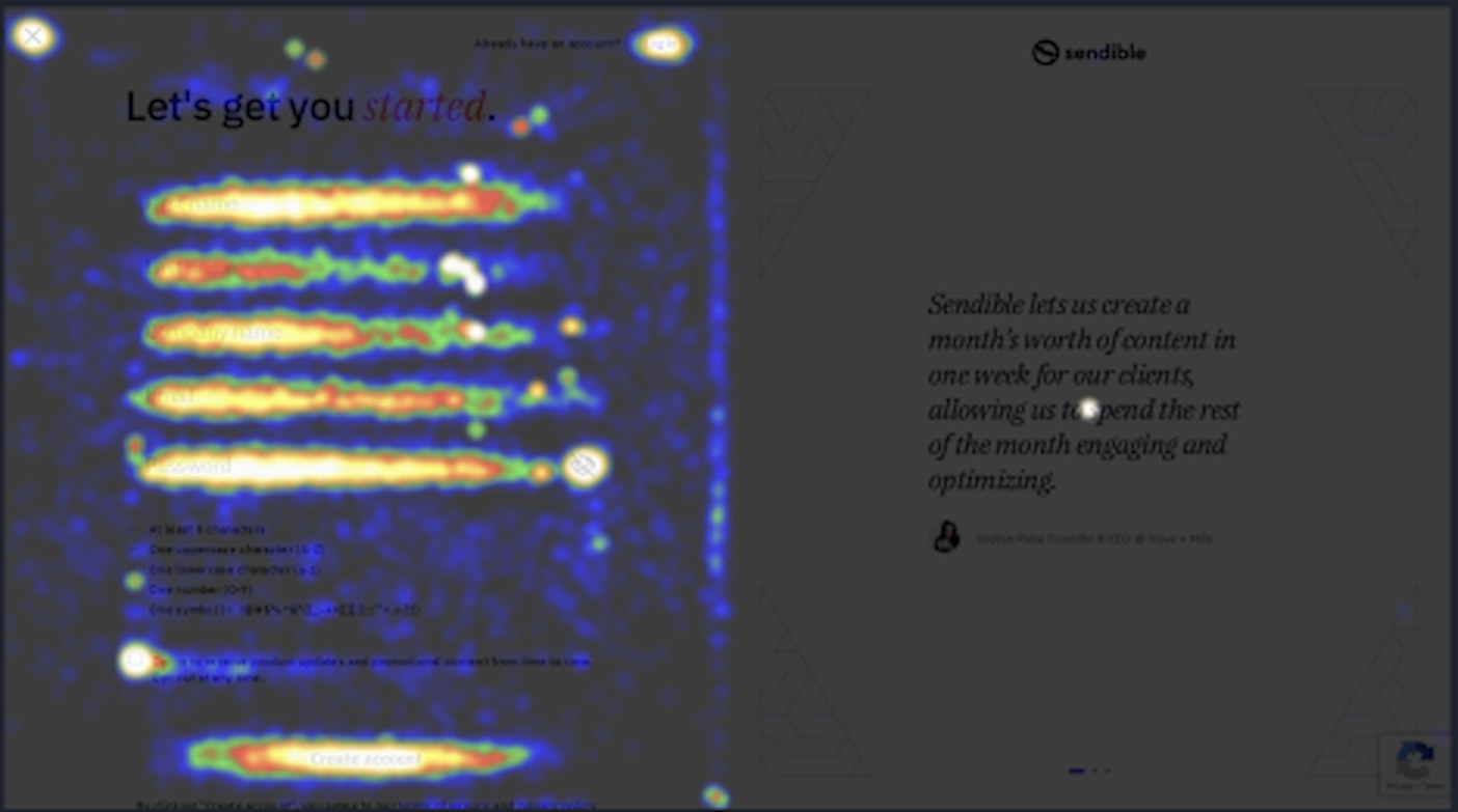 The 2024 sign-up page as an attention heatmap. Warm heat runs along every form field on the left, hottest on the password and the Create account button, while the social proof column on the right stays cold.