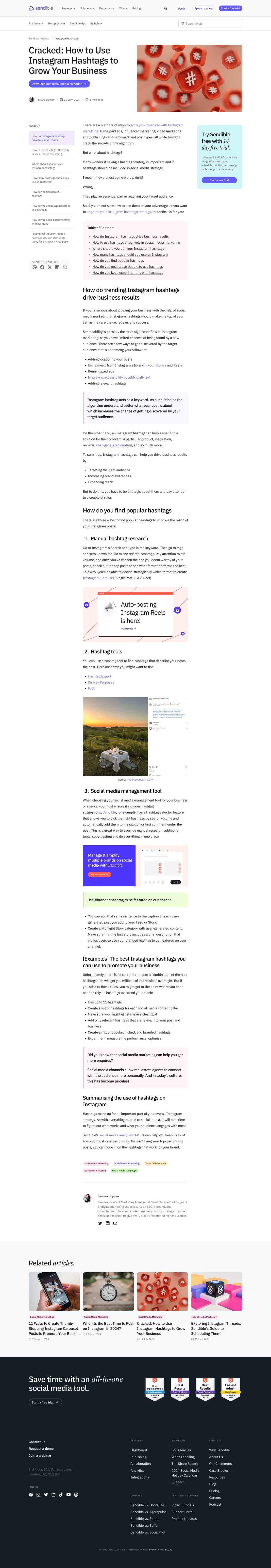 The redesigned article template, full length: a CTA header, a branded feature image, a table of contents on the cluster colour, body sections broken by branded images, blockquotes and CTAs, a sticky anchor menu, a sticky promotion, tags at the bottom, and related articles.