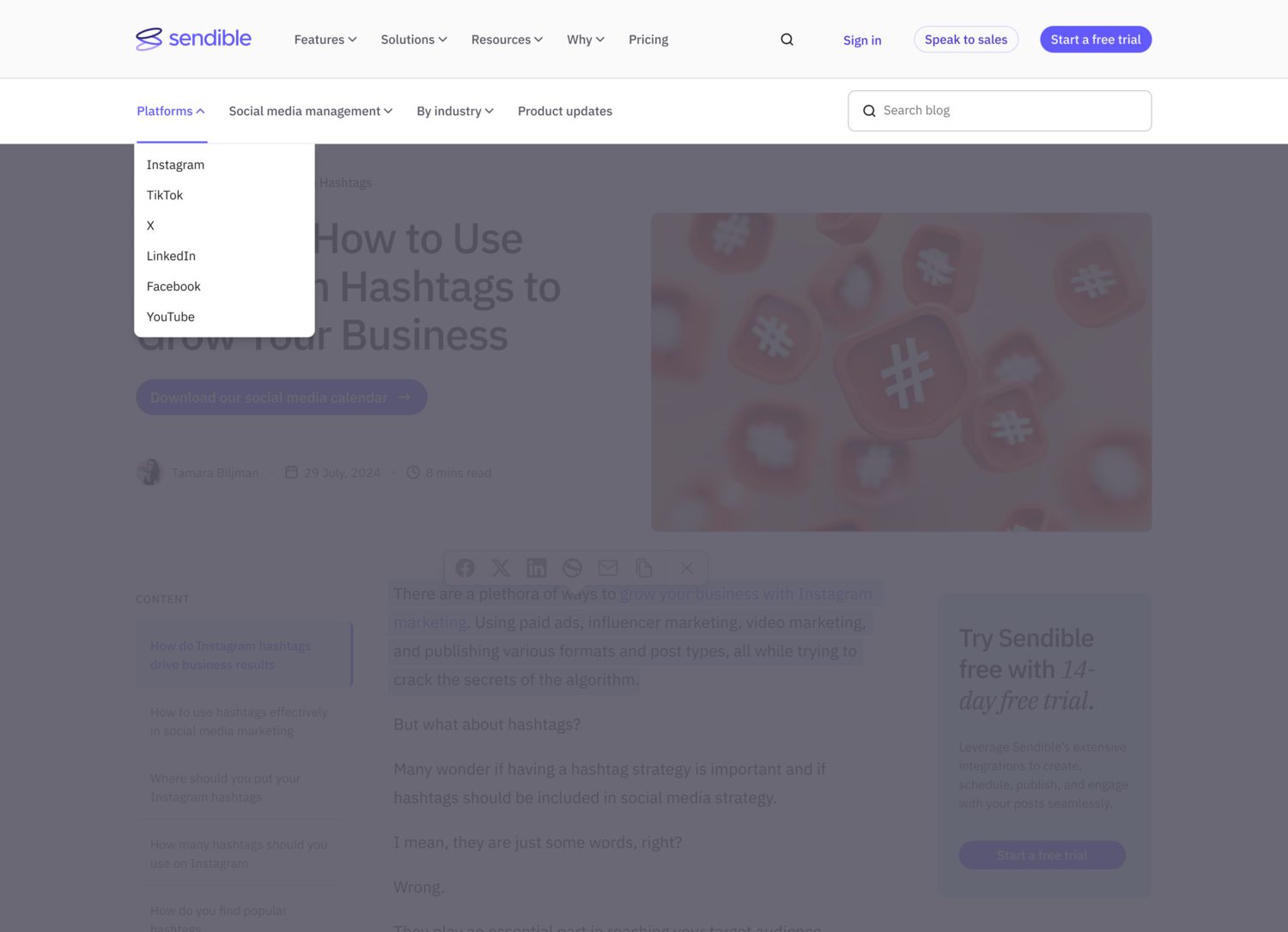 The article page with the blog's own sticky navigation open: Platforms, Social media management, By industry and Product updates, the Platforms menu showing Instagram, TikTok, X, LinkedIn, Facebook and YouTube.