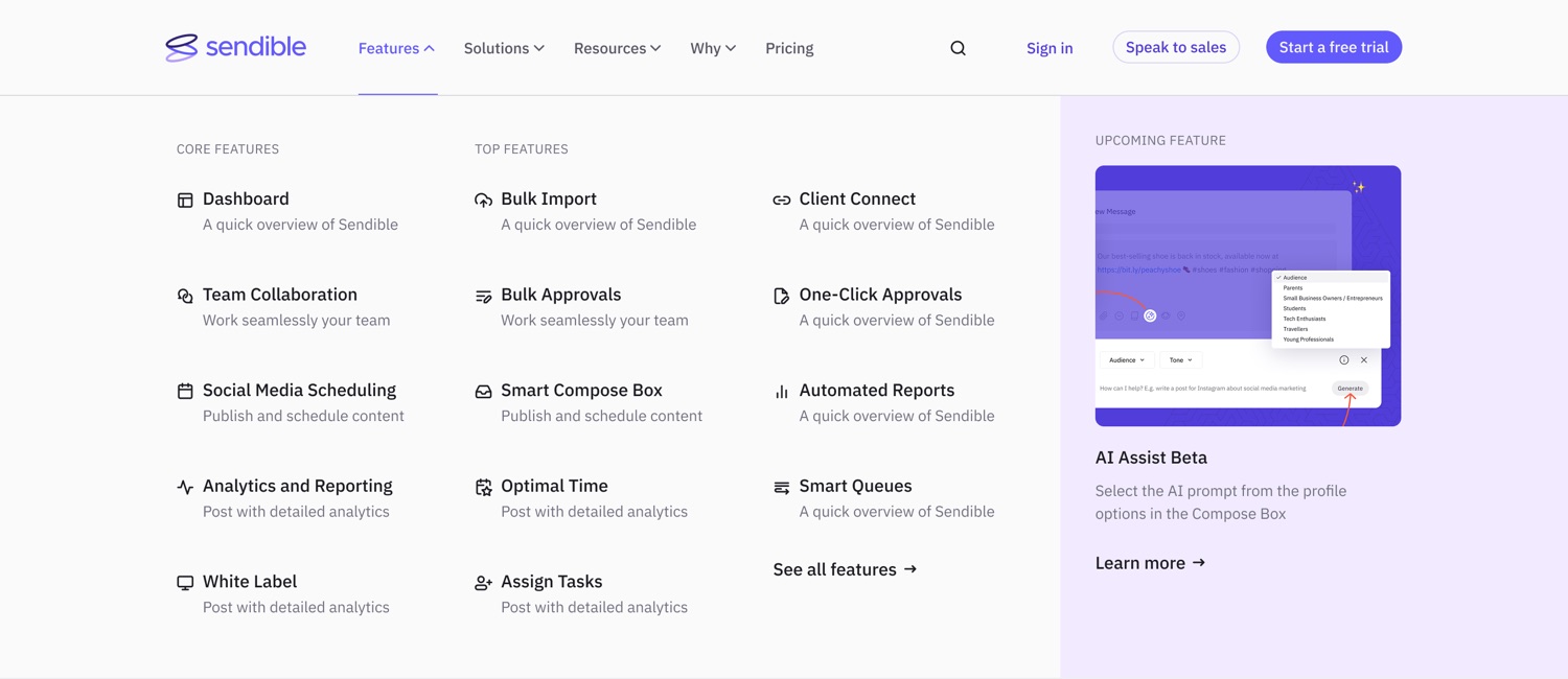 The Features mega-menu, split into core and top features.