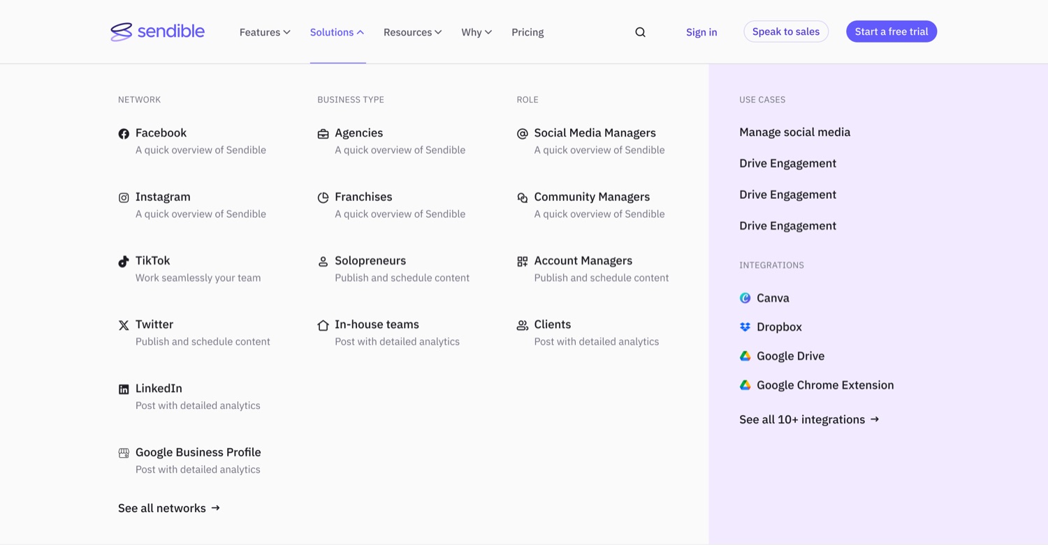 The Solutions mega-menu, segmented by business type, role, use case and network.