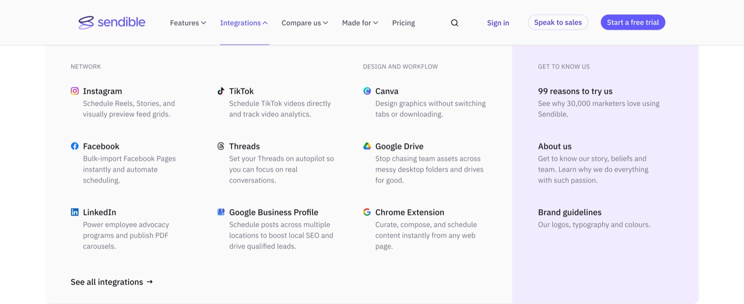 The 2026 Integrations menu: six networks and three creative tools.