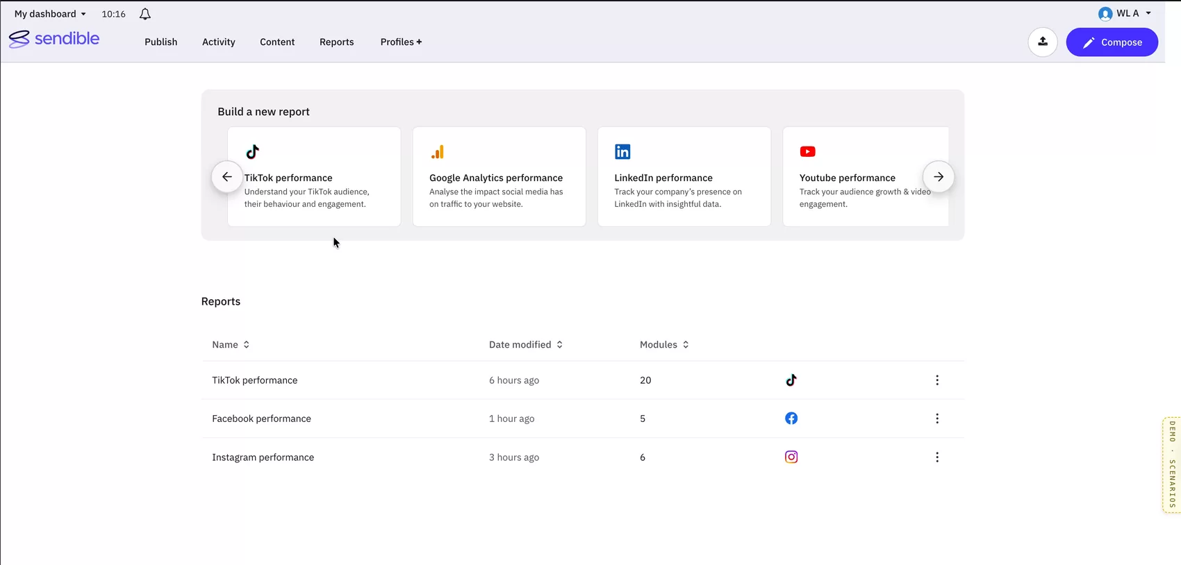 The new Build a new report screen: templates and Start from scratch, together.
