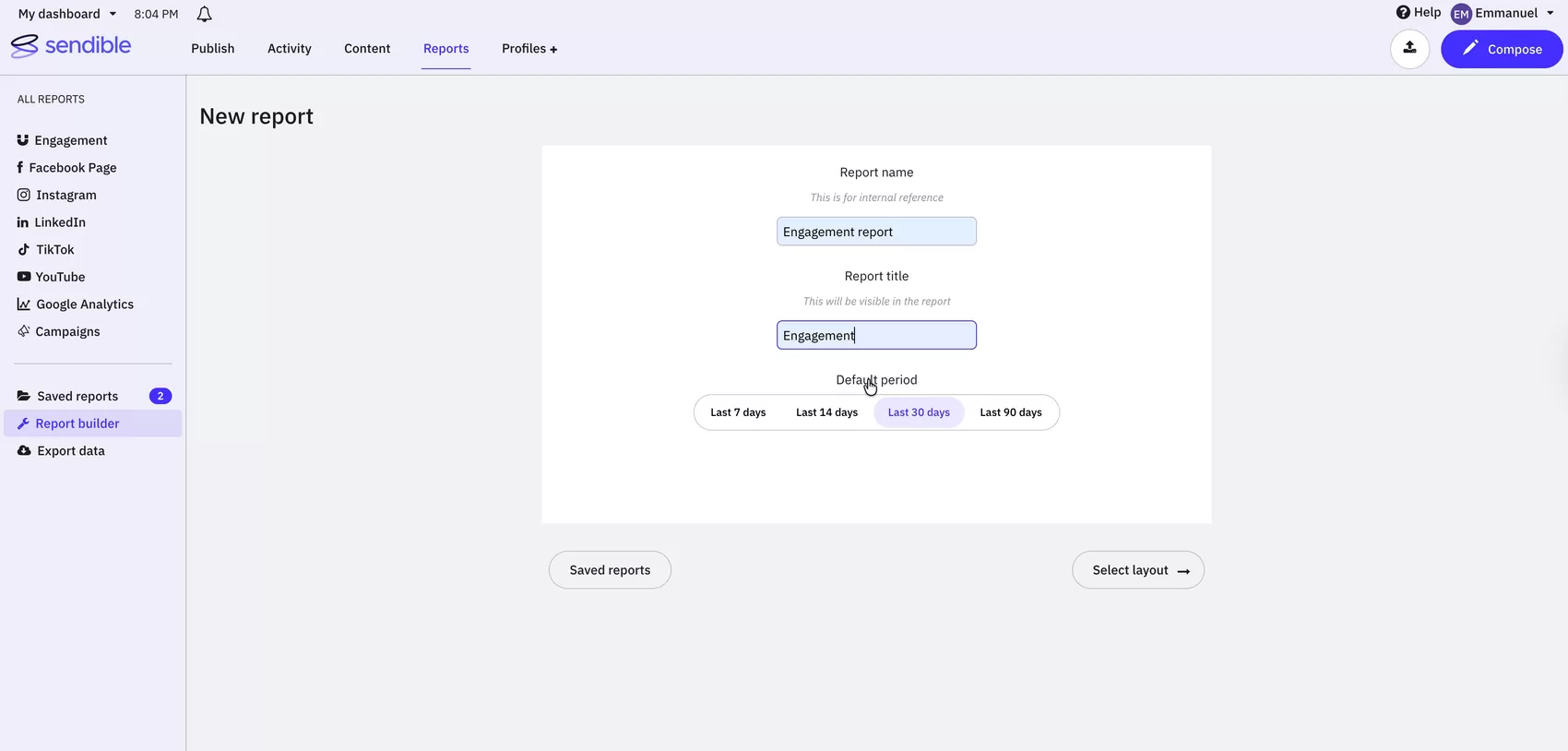 The Report builder form: fields to name the report, add a title and set a period.
