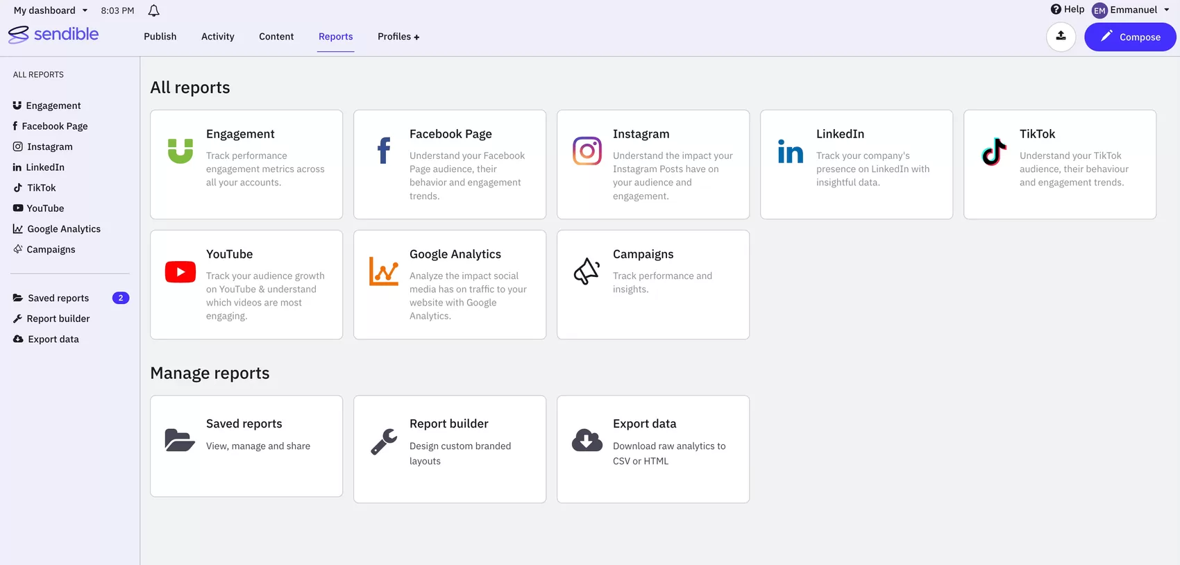 The old Sendible reports hub: a grid of one tile per network.