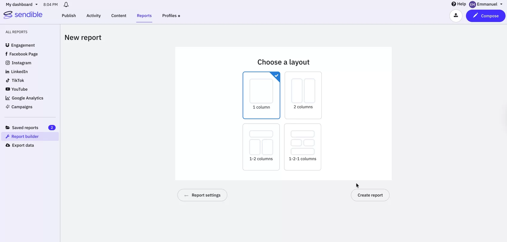 A Choose a layout screen offering one, two and split column grids.