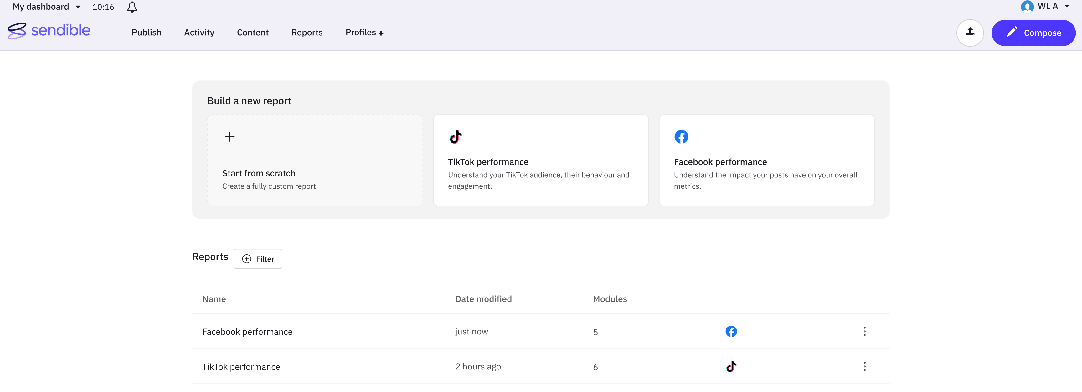 The dashboard scoped to two networks: Facebook and TikTok templates plus start from scratch, above two saved reports.
