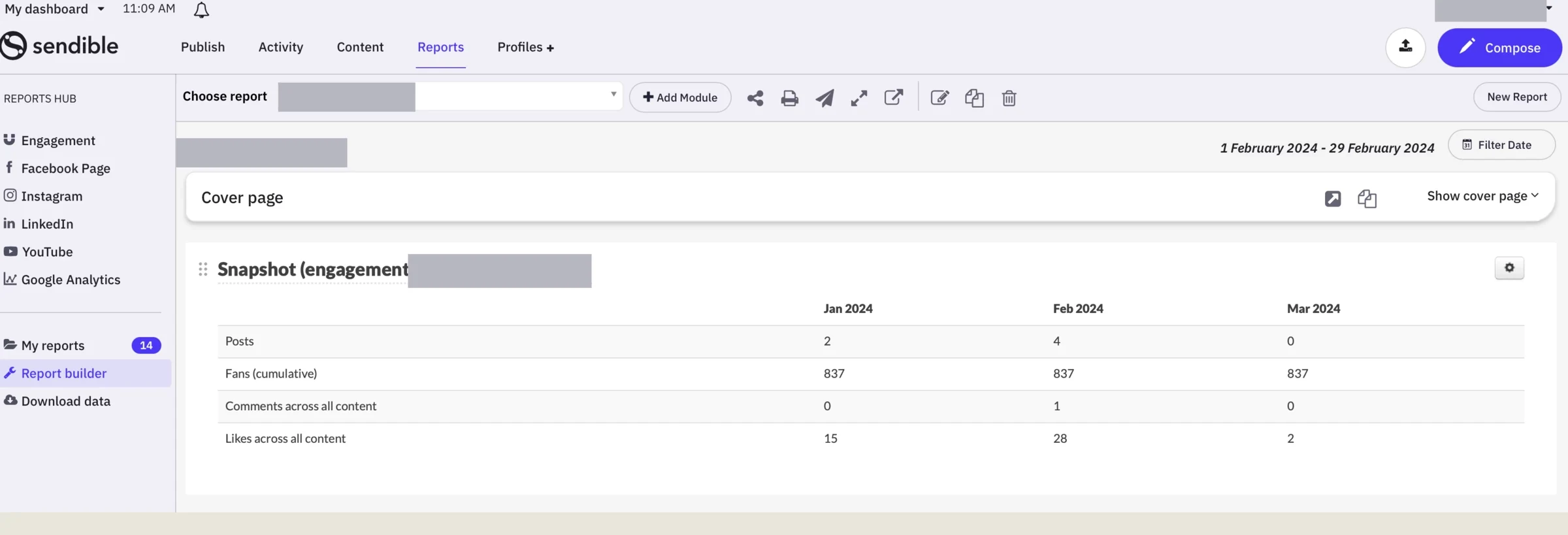 A report filtered to February logging only four Facebook posts, when there had been many more.